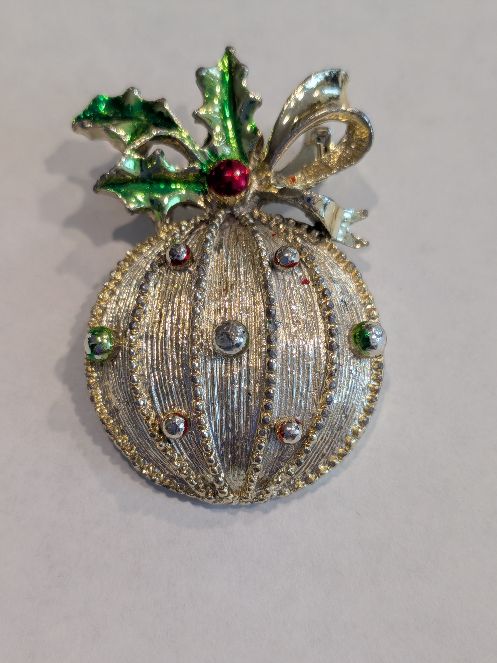Vintage Silver and Green Holiday Ornament Brooch with Red Accent